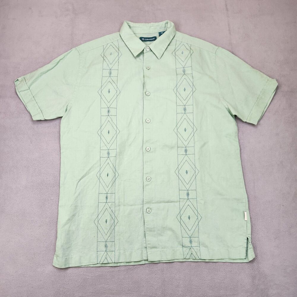 Cubavera‎ Linen Blend Button Up Shirt Men's M Green Short Sleeve Diamond Pattern